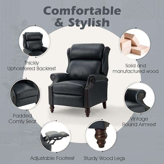 HULALA HOME Genuine Leather Recliner Chair, Traditional Manual Pushback Comfy Seating for Living Room, Thick Cushion & Solid Wood Legs, Wingback Recliner with Nailhead Trim, Navy