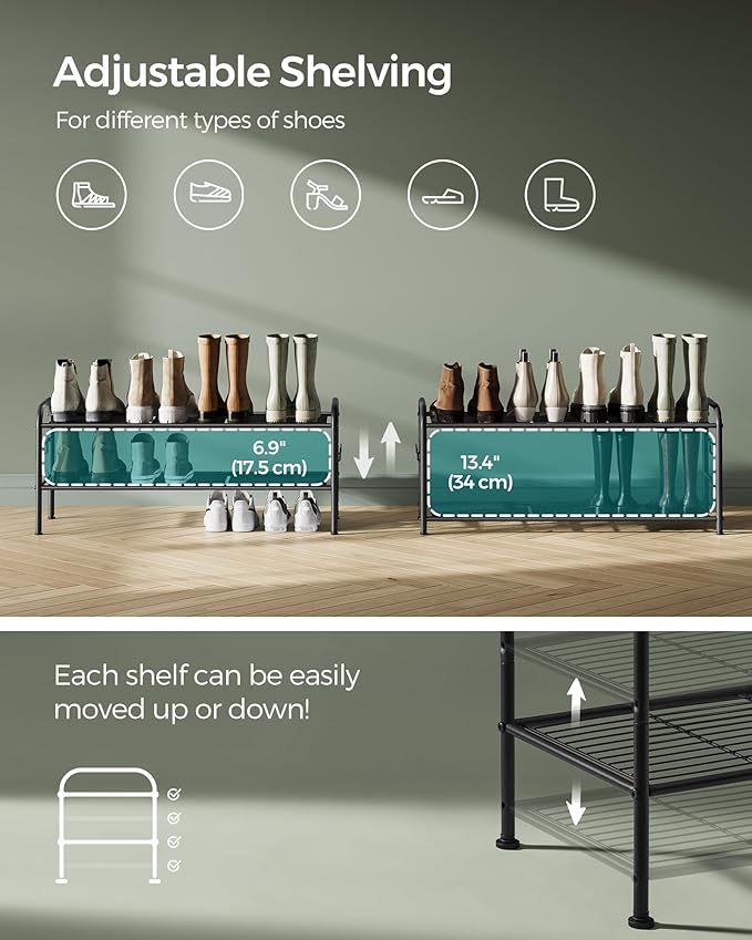 SONGMICS Shoe Rack, 2-Tier Shoe Organizer, Metal Shoe Shelf Storage with 4 Side Hooks, Holds 10 Pairs of Shoes, Height-Adjustable Shoe Rack for Entryway, Hallway, Closet, Easy Assembly, Ink Black