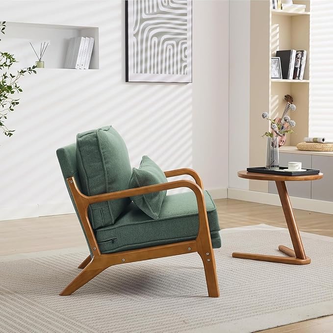 Mid-Century Accent Chair Set of 2,Linen Fabric Lounge Chair with Wide Armrest,Linen Fabric Armchair withLumbar Pillow & Solid Wood Frame for Living Room, Bedroom, Balcony(Green)