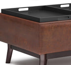 SIMPLIHOME Owen 34 inch Wide Mid Century Modern Rectangle Tray Top Small Coffee Table Storage Ottoman in Distressed Saddle Brown Vegan Faux Leather, Assembled, For the Living Room and Entryway