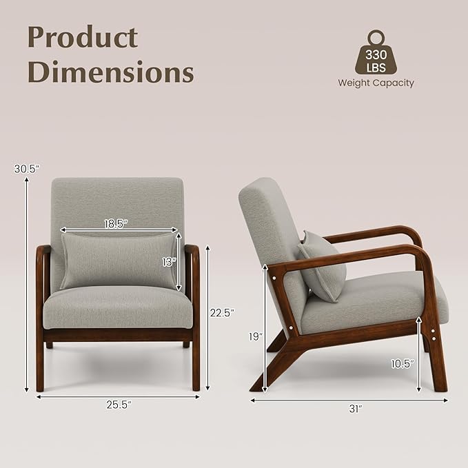 KOMFOTT Mid-Century Modern Accent Chair, Indoor Living Room Leisure Chair with Cushioned Seat & Back, Upholstered Armchair with Rubber Wood Frame & Lumbar Pillow, Lounge Chair for Bedroom, Grey