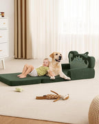 Blissful Diary Kids Couch, 2-in-1 Soft Toddler Couch Fold Out, Toddler Chair Comfy, Convertible Sofa to Lounger, Kids Furniture for Playroom, Gift for Birthday, Children's Day, Green Dinosaur