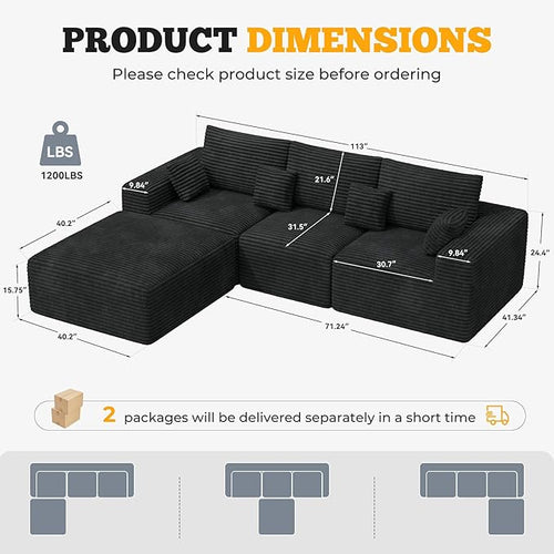 113" Modular Sectional Sofa, Convertible L-Shaped Cloud Couches for Living Room with Ottoman, 4 Seater Corduroy Boneless Couch Sofas Set, No Assembly Required, Black 1 PCS