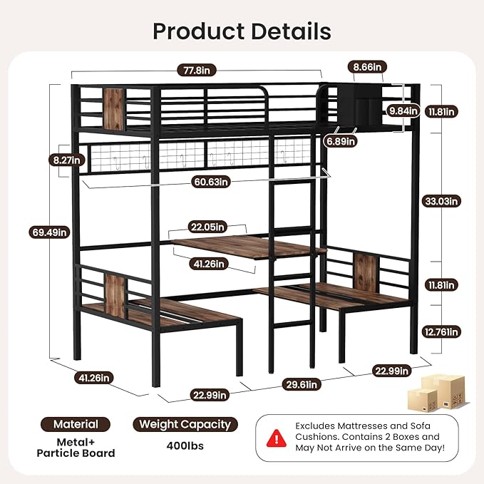 Twin Over Twin Bunk Bed, Convertible Twin Bunk Bed w/Desk & Storage & 2 Seat, Heavy Duty Metal Twin Loft Bed Frame with Safety Guardrails & EVA Padded Ladder for Teens(Cushion not Included)