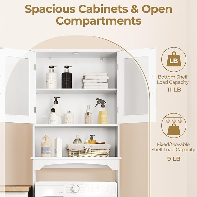 Yaheetech Over The Toilet Storage Cabinet with Double Tempered Glass Doors and Adjustable Shelf, Freestanding Bathroom Storage Rack, 66 Inches Height