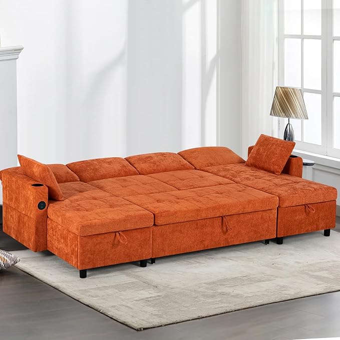 110" Sectional Pull Out Sofa Bed with Adjustable Backrests, U-Shaped Sleeper Sofa with USB Ports, Upholstered Reversible Couch with Cup Holder & Storage Space for Living Room, House, Orange