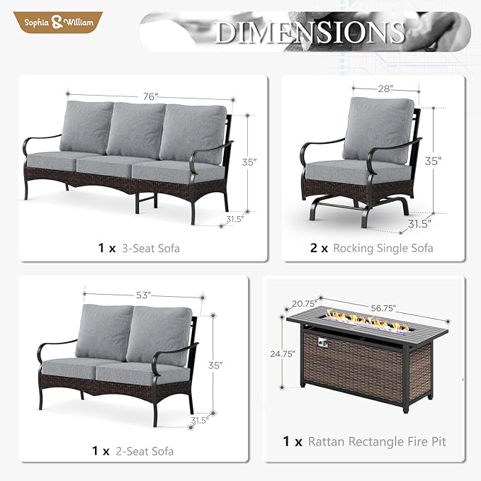 Sophia & William Patio Furniture Set with Fire Pit Table, 5 PCS Metal Outdoor Conversation Set with Fire Pit Table, 2 Sofa Chairs,1 Loveseat, 3-Seater Couch for Outdoor Seating, Backyard, Porch(Grey)
