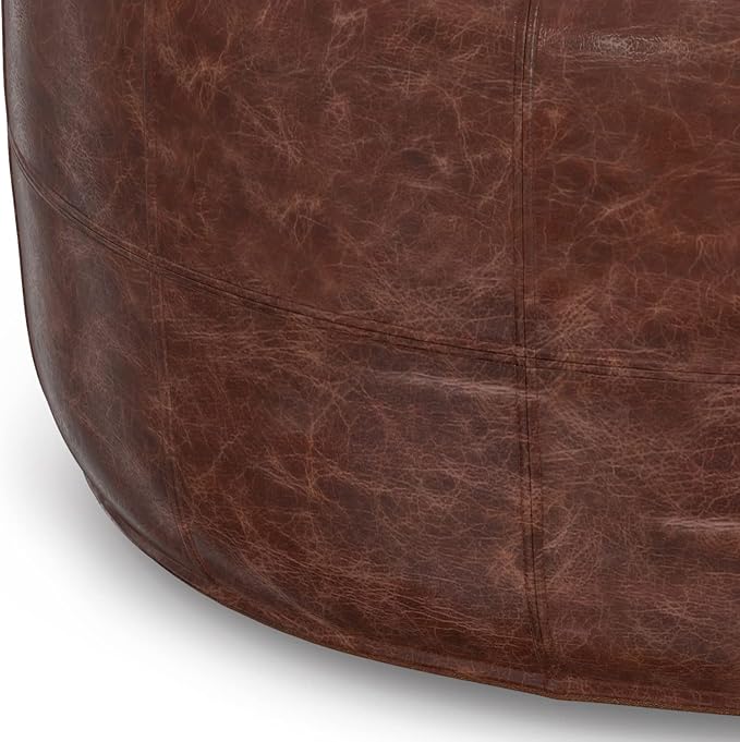 SIMPLIHOME Connor Boho Round 34 inch Round Coffee Table Pouf in Distressed Brown Genuine Leather for the Living Room, Bedroom and Kids Room