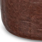 SIMPLIHOME Connor Boho Round 34 inch Round Coffee Table Pouf in Distressed Brown Genuine Leather for the Living Room, Bedroom and Kids Room