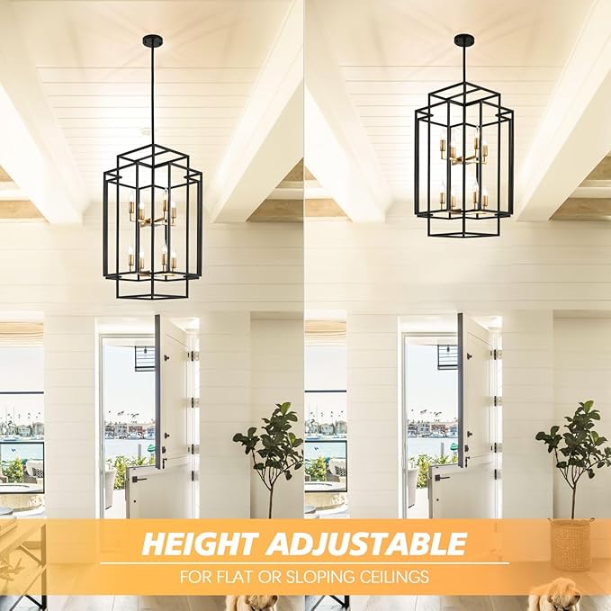WJShome High Ceiling Foyer Chandelier: 8-Light Farmhouse Lantern Chandeliers for Entryway Industrial Large Pendant Light Fixtures for Entry Staircase Hallway Dining Room Kitchen Island, Black & Gold
