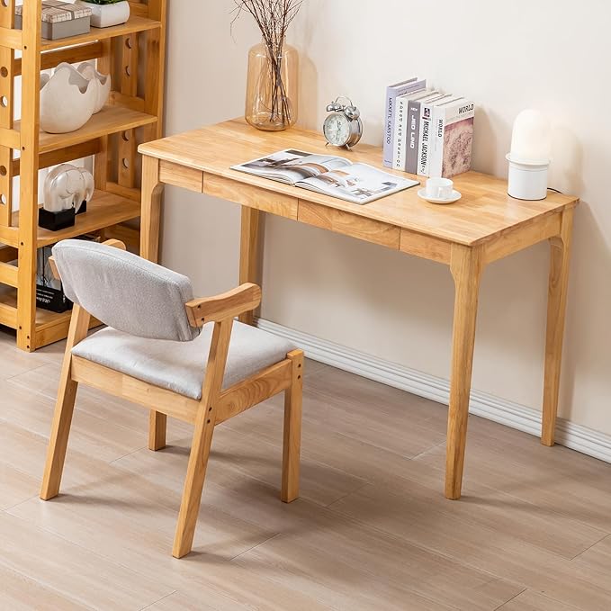 Solid Wood Desk, Gaming Study Home Office Desks for Work, Student PC Desk for Bedroom, Small Computer Desk for Small Spaces, Easy to Assemble (Wood Color, 47inch)
