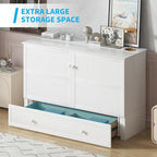 Mjkone Murphy Bed Queen Cabinet Bed with Tri-fold Mattress and Built-in USB Charging & 2 Drawers & Bedside Panel, Hidden Guest Beds, Murphy Cube Chest Cabinet Beds for Bedroom/Apartment - White
