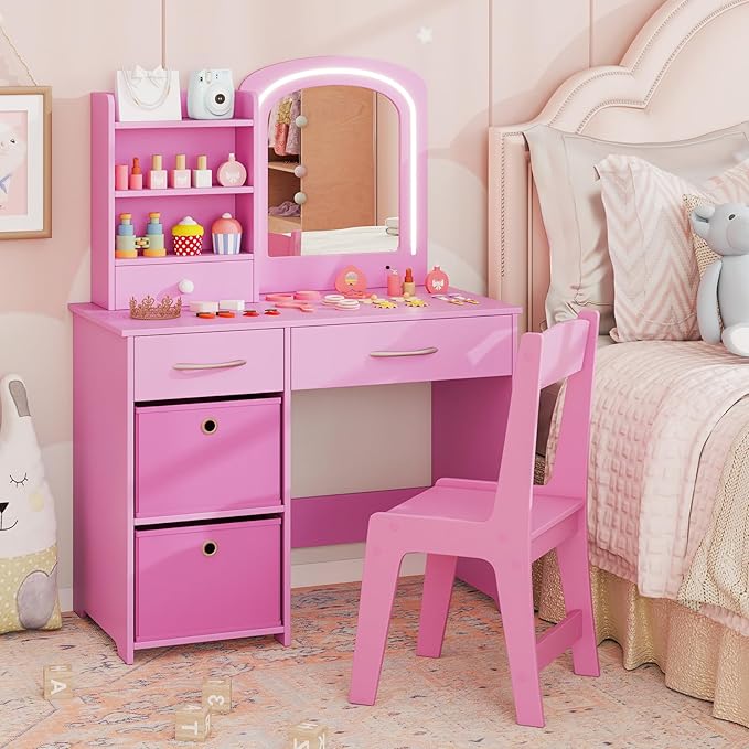 Costzon Kids Vanity with Lights, Princess Makeup Dressing Desk with Mirror and Stool, Storage Drawers, Shelves, Kids Vanity Table and Chair Set for Little Girls (Pink)