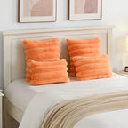 FUTEI Orange Decorative Throw Pillow Covers 26x26 Inch Set of 2, Square Soft Faux Rabbit Fur Thick Striped Euro Pillow Shams,Winter Home Decor for Couch Bed Living Room