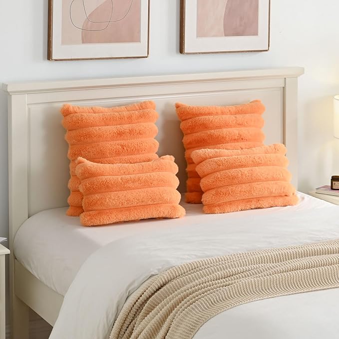 FUTEI Orange Decorative Throw Pillow Covers 26x26 Inch Set of 2, Square Soft Faux Rabbit Fur Thick Striped Euro Pillow Shams,Winter Home Decor for Couch Bed Living Room