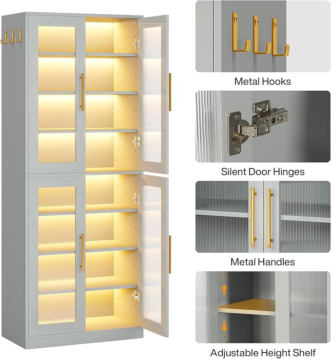 Tribesigns Tall Shoe Cabinet with Acrylic Doors and LED Lights, 8-Tier Entryway Shoe Organizer Storage Rack with Adjustable Shelves and Hanging Hooks for Narrow Closet, Hallway, Living Room, Gray