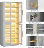 Tribesigns Tall Shoe Cabinet with Acrylic Doors and LED Lights, 8-Tier Entryway Shoe Organizer Storage Rack with Adjustable Shelves and Hanging Hooks for Narrow Closet, Hallway, Living Room, Gray