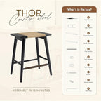 Thor Wicker Premium Solid Wood Counter Stool 24", Backless Counter Height Seating with Hand-Knitted Rope, Eco-Friendly Modern Design (Midnight Charcoal)