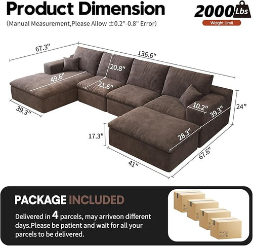 136.6'' U-Shaped Modern Modular Sectional Cloud Couch Whit Ottoman, 4-Seat Chenille Deep-Seat Sofa with Pillow for Living Room, Bedroom, Apartment, Camel