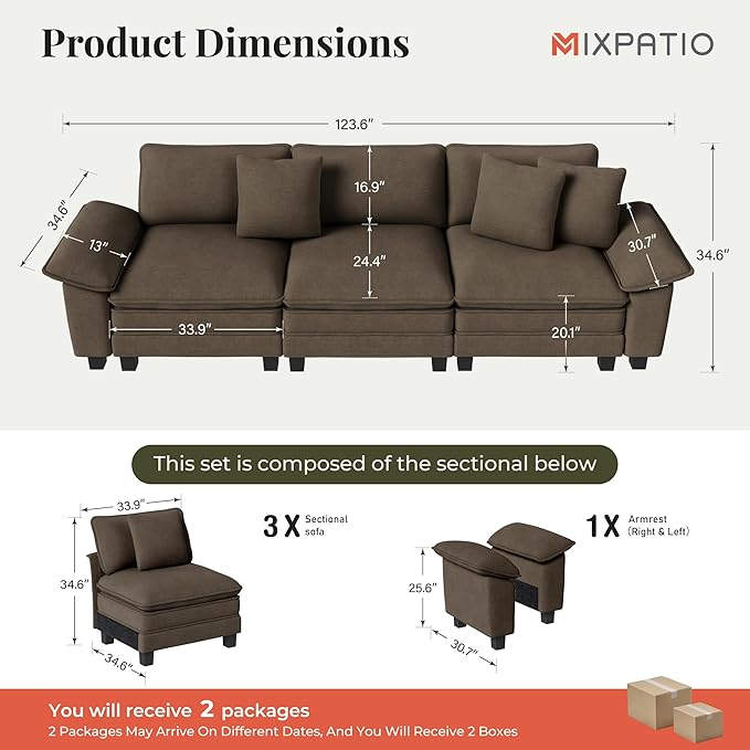 123" Cloud Modular Sectional Sofa, 3-Seater w/Deep Seat & Removable Arms, Plush Chenille for Living Room - Taupe