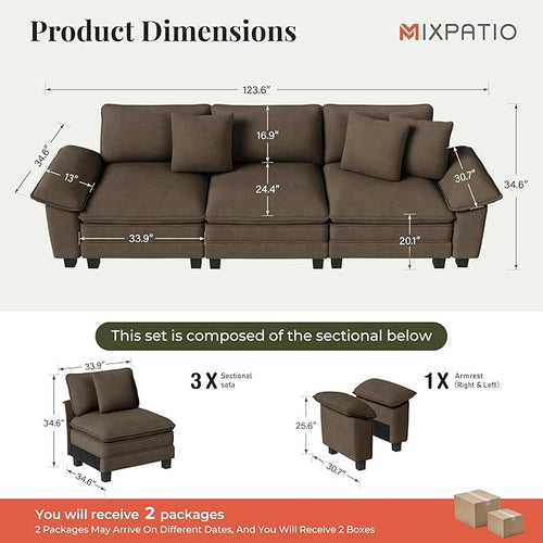 123" Cloud Modular Sectional Sofa, 3-Seater w/Deep Seat & Removable Arms, Plush Chenille for Living Room - Taupe