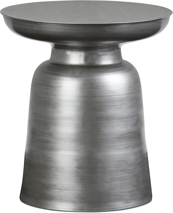 SIMPLIHOME Toby Metal Table - 17 inch Wide Solid Iron Drum Accent Table in Silver, Industrial Side or End Table for Living Room, Bedroom or Entryway with Sculptural Design, Assembled