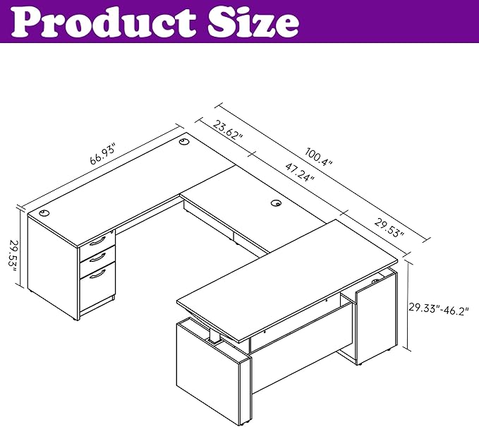 100.4'' Height Adjustable U-Shaped Executive Desk with 3-Drawer File Cabinet and Shelves (Espresso-U)