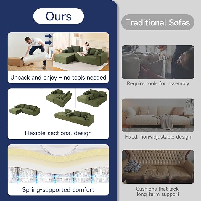 2025 New 108" Cloud Couch Sectional, Modular Sectional Sofa with L-Shaped Chaise, Deep Seat Sectional Modular Couch for Living Room, No Assembly Required (Green, Left Facing Chaise)