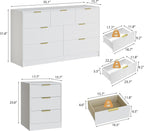 3-Piece Modern Bedroom Furniture Set, Wide 7-Drawer Dresser & 3-Drawer Nightstands Set of 2, Natural Wood Dresser and Nightstand Sets for Bedroom, Hallway, White