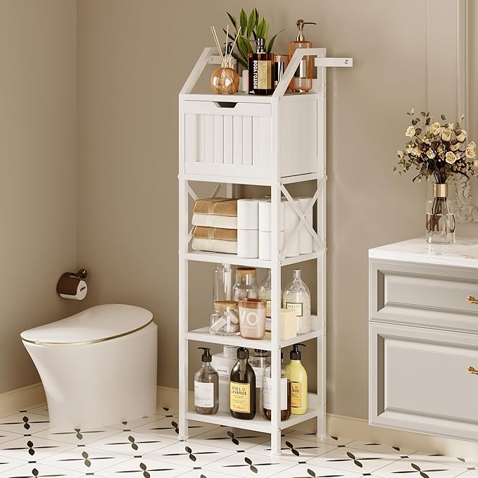 Bathroom Floor Cabinet, 5-Tier Bathroom Storage Organizer Rack with Drawer, Multifunctional Corner Unit, 47.24 Inches in Height, White