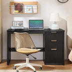 48" Modern Fluted Executive Desk with Storage Cabinet, Black Wood Home Office Desk with File Drawer & Metal Handles, Large Computer Writing Table for Office,Study, Living Room, Bedroom