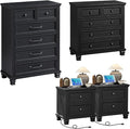 Farmhouse Bedroom Dresser and Nightstand Set of 4, 6 Drawer Tall & 5 Drawers Dresser & 2 Drawer Nightstand Set, Rustic Wood Bedroom Furniture Set for Livingroom, Hallway, Black