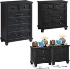 Farmhouse Bedroom Dresser and Nightstand Set of 4, 6 Drawer Tall & 5 Drawers Dresser & 2 Drawer Nightstand Set, Rustic Wood Bedroom Furniture Set for Livingroom, Hallway, Black
