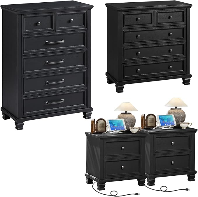 Farmhouse Bedroom Dresser and Nightstand Set of 4, 6 Drawer Tall & 5 Drawers Dresser & 2 Drawer Nightstand Set, Rustic Wood Bedroom Furniture Set for Livingroom, Hallway, Black