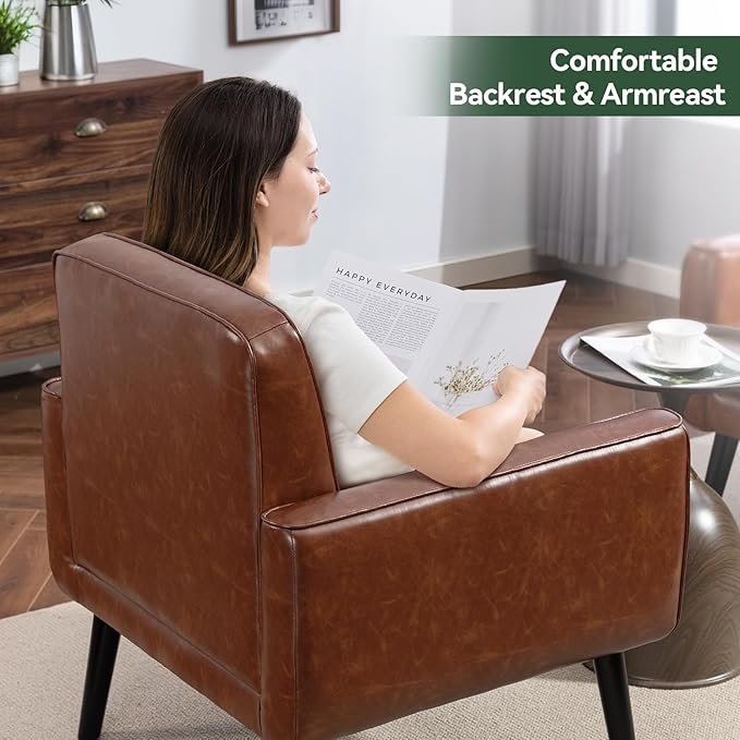 Mid Century Accent Chair, PU Leather Modern Chair with Wooden Frame, Cozy Armchair Reading Chair with Comfy Back for Apartment, Living Room, Bedroom, Waiting Room, Small Space, Corner, Brown