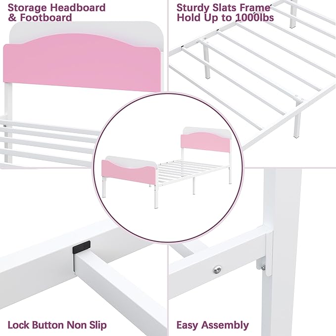 Timy Kids Twin Bed Frame with Bookcase Headboard and Footboard, Metal Platform Bed Frame for Boys Girls Teens, No Box Spring Needed, White and Pink