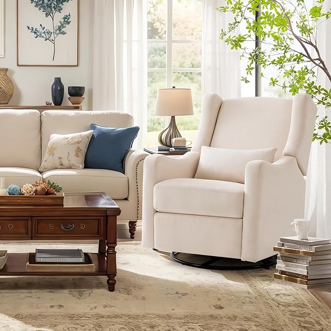 Harkawon Wingback Glider Rocking Recliner, Swivel Rocker Recliner Chair, Nursery Rocking Chair, Fabric Chair with Lumber Support, High Back, Deep Seat, for Living Room, Bedroom, Beige