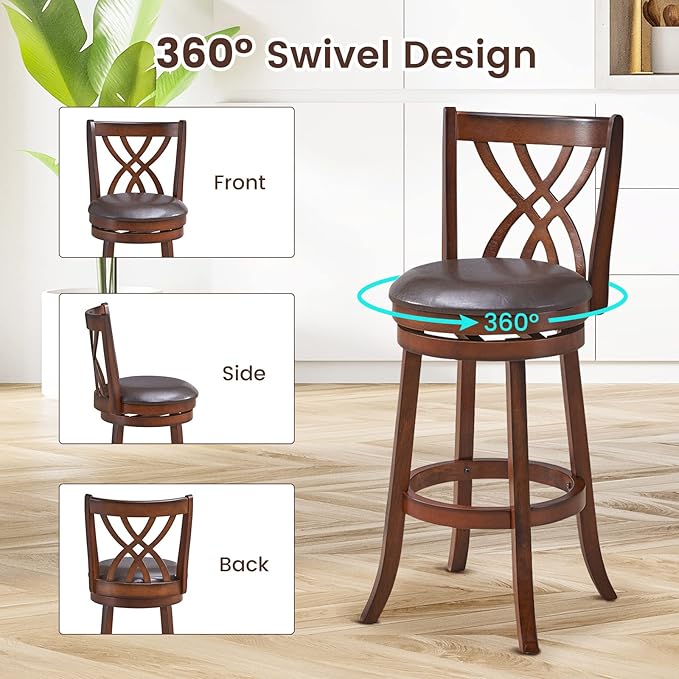 COSTWAY Bar Stools Set of 4, 360° Swivel Chairs with Rubber Wood Frame, 30-Inch PU Leather Cushioned Seat and Footrests, for Kitchen Island, Dining Room, Bar (Brown-30 inches, 4 stools)