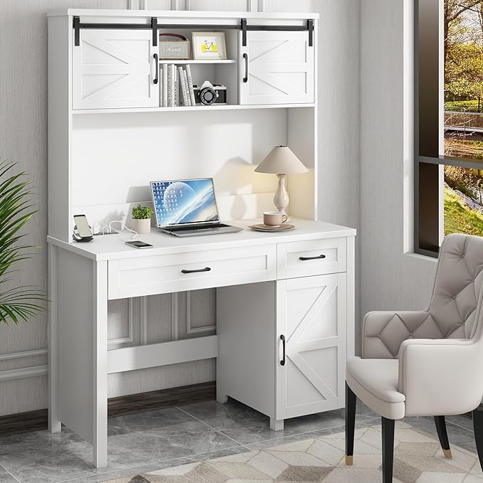 Vabches Farmhouse 47" Executive Desk, Computer Desks with 2 Drawers and Storage Cabinet, Home Office Desk with Hutch and Charging Station, Workspace for Work and Study. (Cream White)
