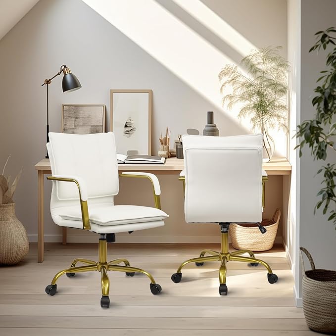 CLATINA Leather Home Office Desk Chair, Swivel Mid-Back Computer Chair with Golden Legs and Arms, Comfy Upholstered Task Chair with Wheels, White