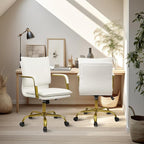 CLATINA Leather Home Office Desk Chair, Swivel Mid-Back Computer Chair with Golden Legs and Arms, Comfy Upholstered Task Chair with Wheels, White