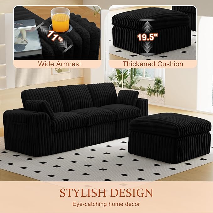 114" Cloud Boneless Sectional Couches for Living Room, Modular Sectional Sofa with Cup Holder, Cozy Fluffy L Shaped Deep Seat Boneless Couch with Storage Pocket, No Assembly Required, Black