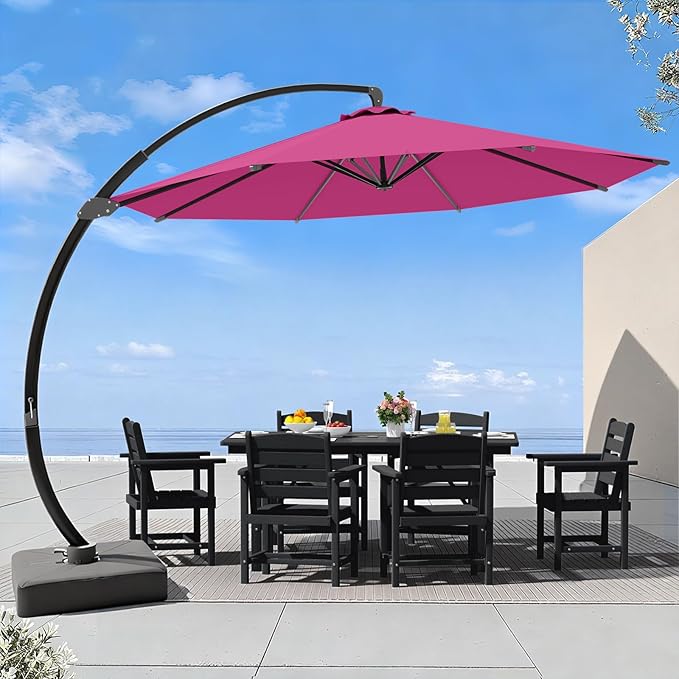 7 Piece Patio Dining Set with 11ft Patio Umbrella (Rose Pink), 7 Black Outdoor HDPE Dining Set with 6 Chairs + 1 Large Table, for Market, Pool, Garden, Backyard, Deck