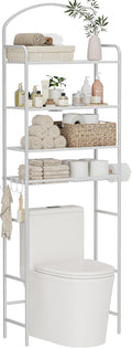 4-Tier Over The Toilet Storage, Bathroom Organizer, Space-Saving, Above Toilet Storage Rack with 4 Hooks and Paper Holder, Metal Shelf, White
