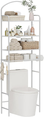 4-Tier Over The Toilet Storage, Bathroom Organizer, Space-Saving, Above Toilet Storage Rack with 4 Hooks and Paper Holder, Metal Shelf, White