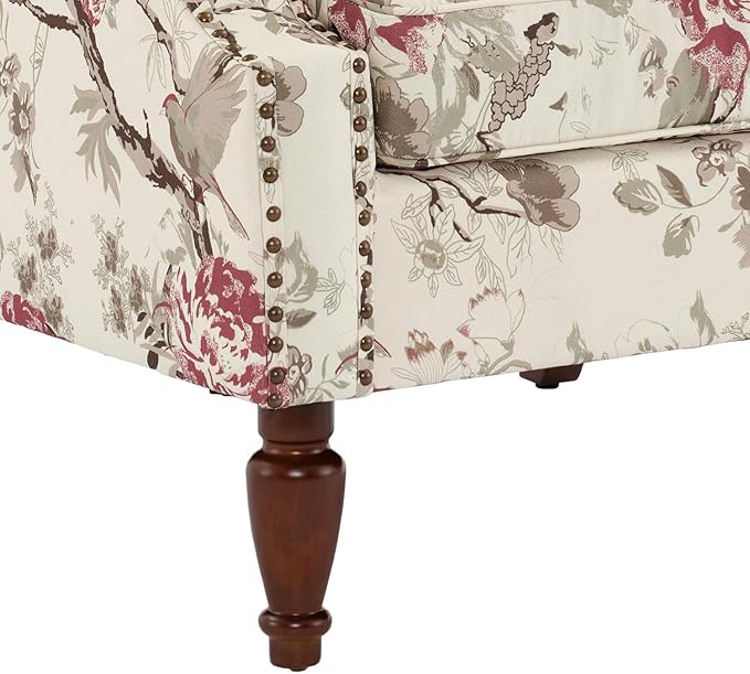 UIXE High Back Accent Chair, Fabric Upholstered Armchair for Living Room, Floral Printed Wingback Arm Chair with Solid Wood Legs, Retro Nailhead Trim Single Sofa Bedroom Reading Seat - Beige