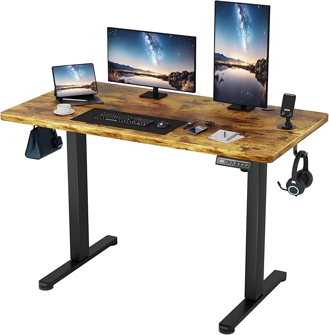 Shahoo 45.2 Inch Standing Desk, Electric Height Adjustable Computer Desks with Hook and Cable Hole, Rustic Brown