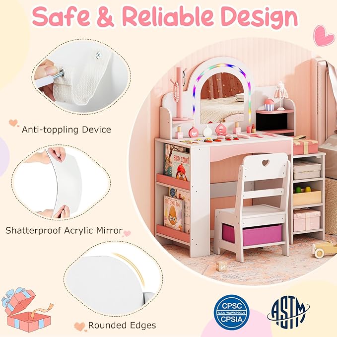 Costzon Kids Vanity, Girls Vanity Set with Lighted Mirror, Bookshelf, Jewelry Storage, Toddler Makeup Vanity Desk Dressing Table, Wooden Kids Vanity Table and Chair Set (White)