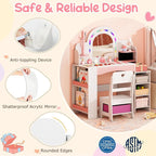 Costzon Kids Vanity, Girls Vanity Set with Lighted Mirror, Bookshelf, Jewelry Storage, Toddler Makeup Vanity Desk Dressing Table, Wooden Kids Vanity Table and Chair Set (White)