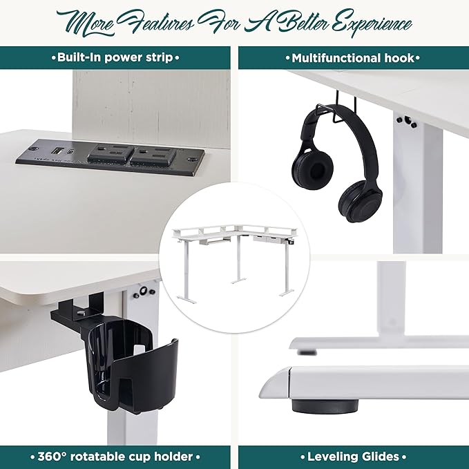 RedLemon 75X60 Inches L Shaped Electric Standing Desk, Height Adjustable Corner Gaming Desk with Drawers, Keyboard Tray, Power Outlets & LED Lights, Computer Desk with Monitor Shelf, Antique White